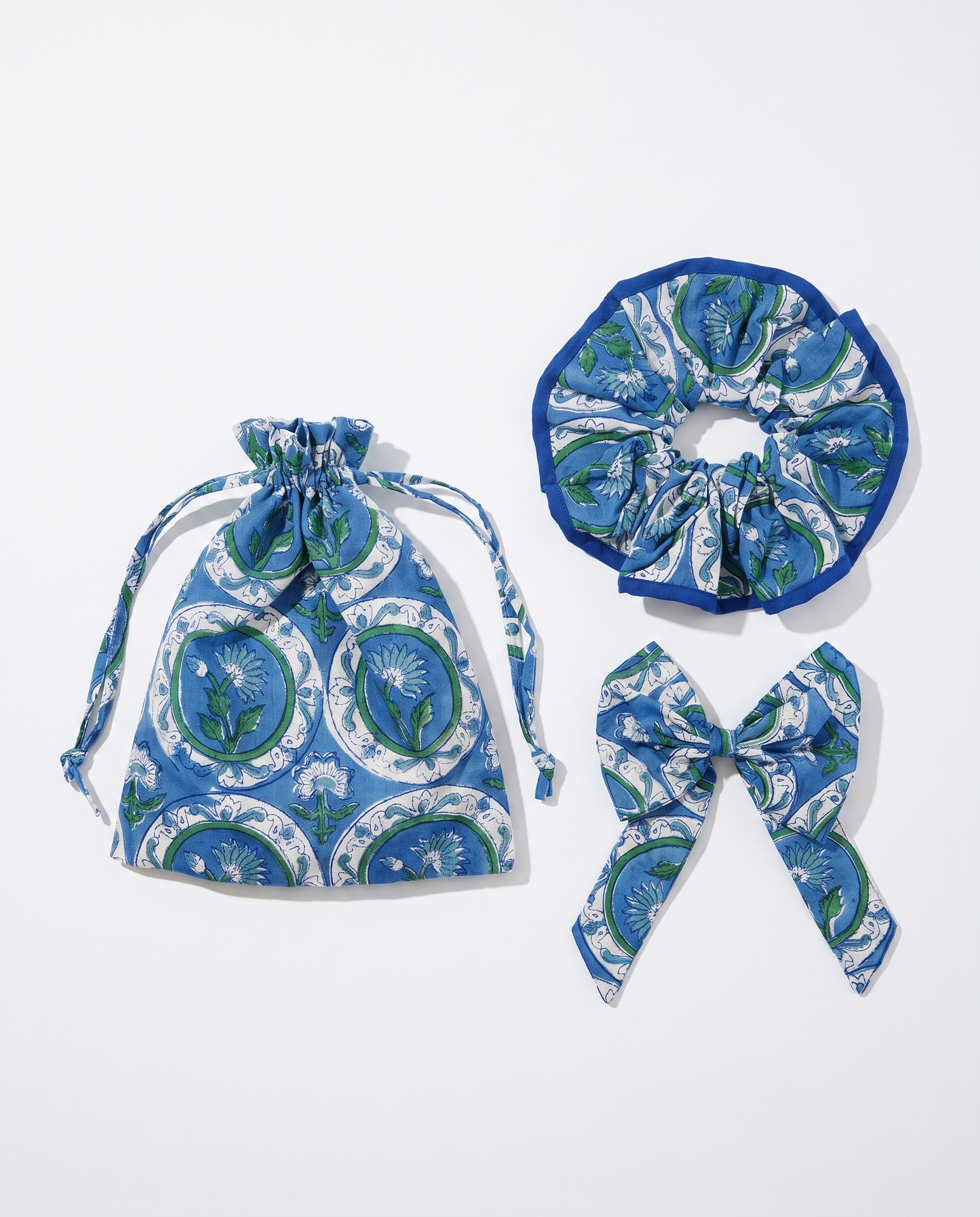 Blue Riviera floral scrunchie and hair bow made with hand block printed cotton