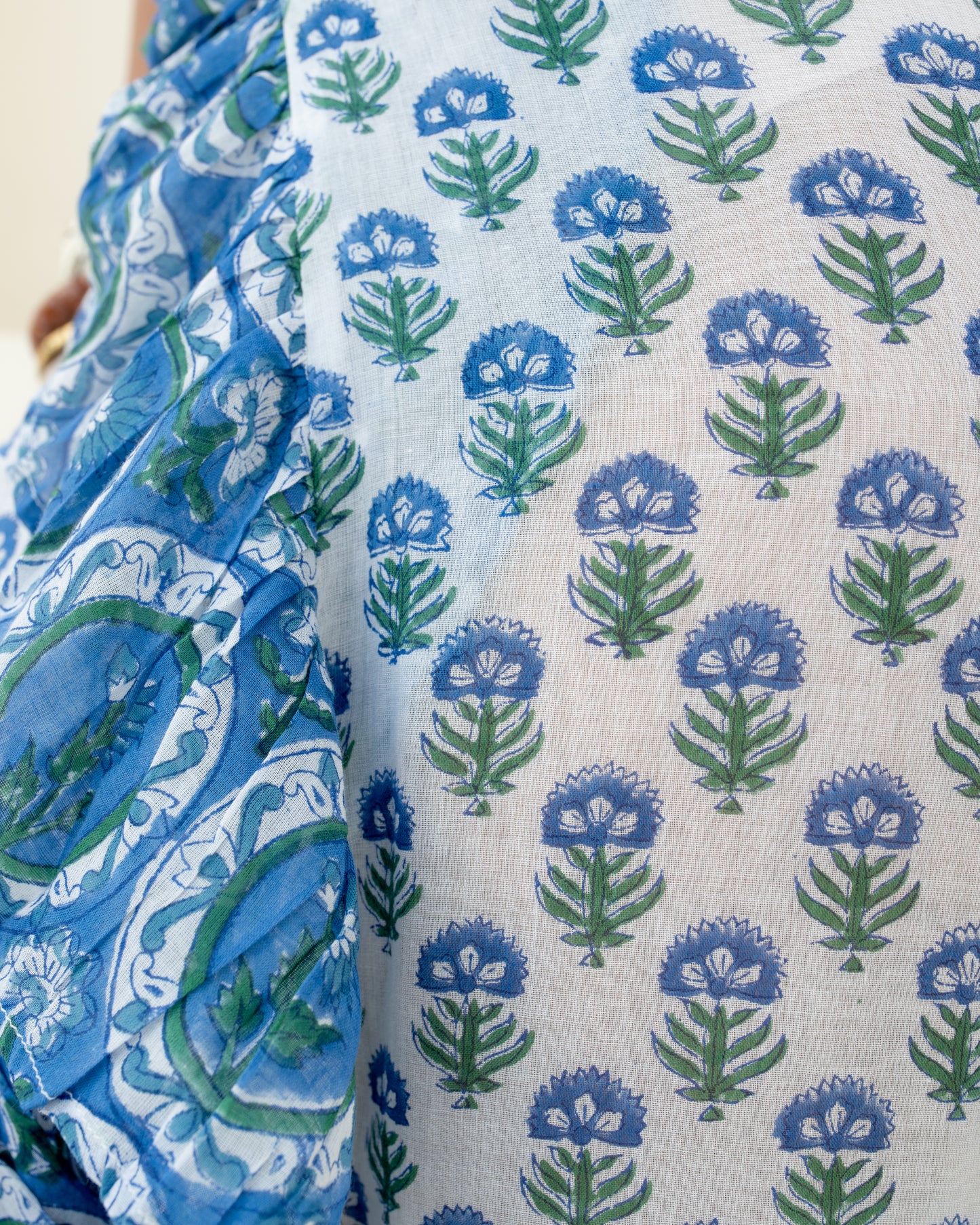 Close-up of the Blue Riviera wrap sarong waist tie and floral border hand-block printed in 100% cotton