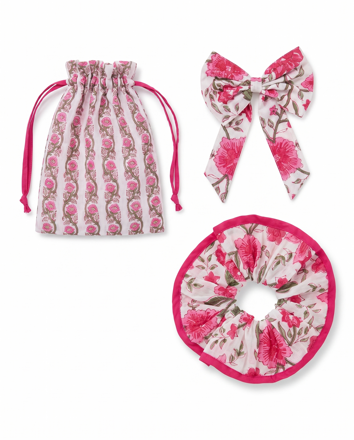 Anar Bagh Pink Bow and Scrunchie Set made from hand block printed floral cotton print