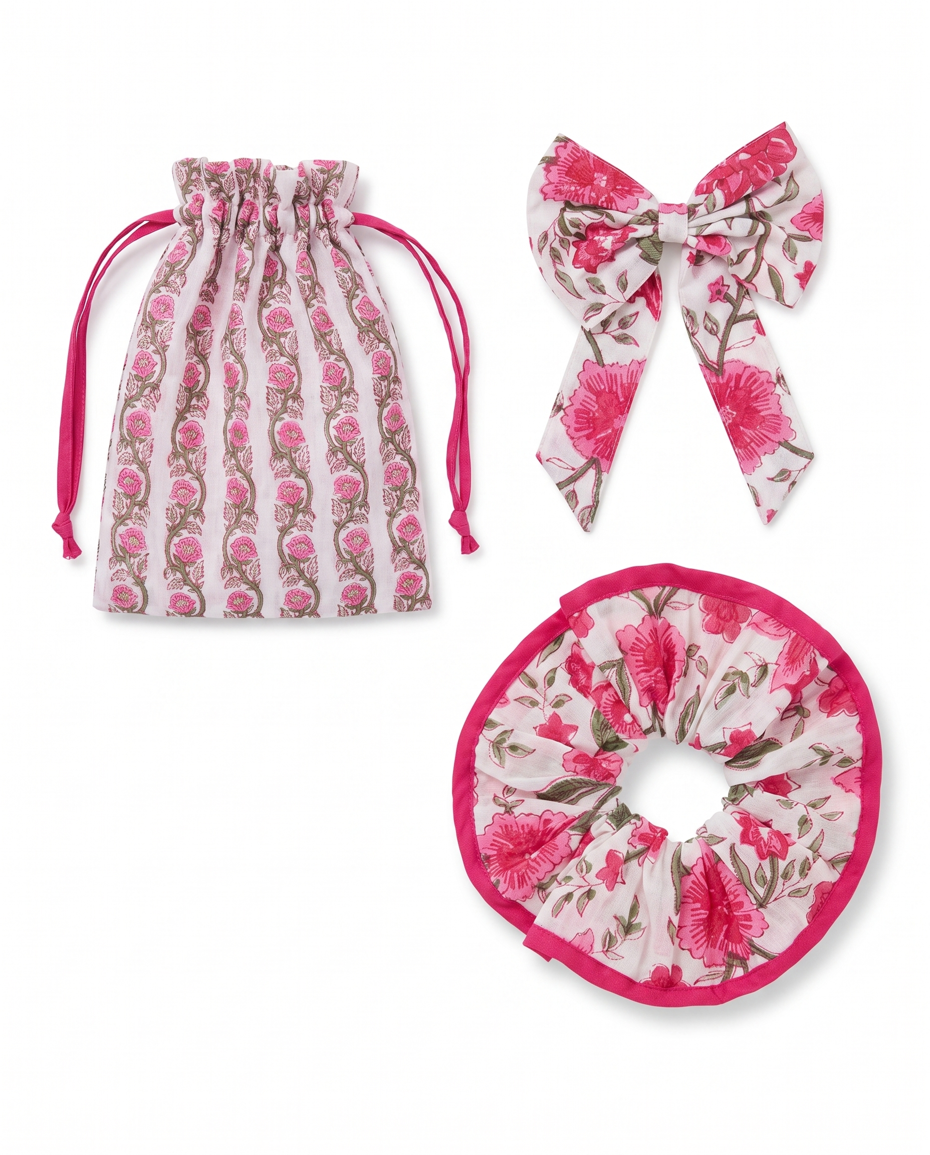 Anar Bagh Pink Bow and Scrunchie Set made from hand block printed floral cotton print