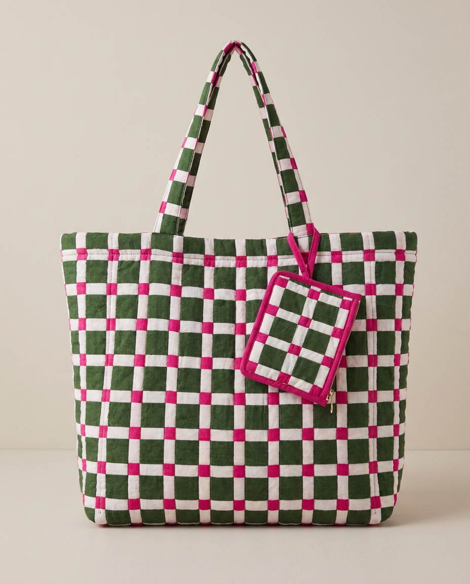 A woven tote bag with a green, white, and pink checkered pattern, featuring dual shoulder straps and a matching zippered pouch attached on the side, set against a plain beige background.
