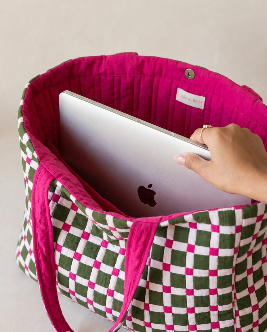 A woven tote bag with a green, white, and pink checkerboard pattern and a bright pink interior, shown with a silver laptop inside and a hand reaching in. A small white tag on the inside reads 'The Bean Market'.