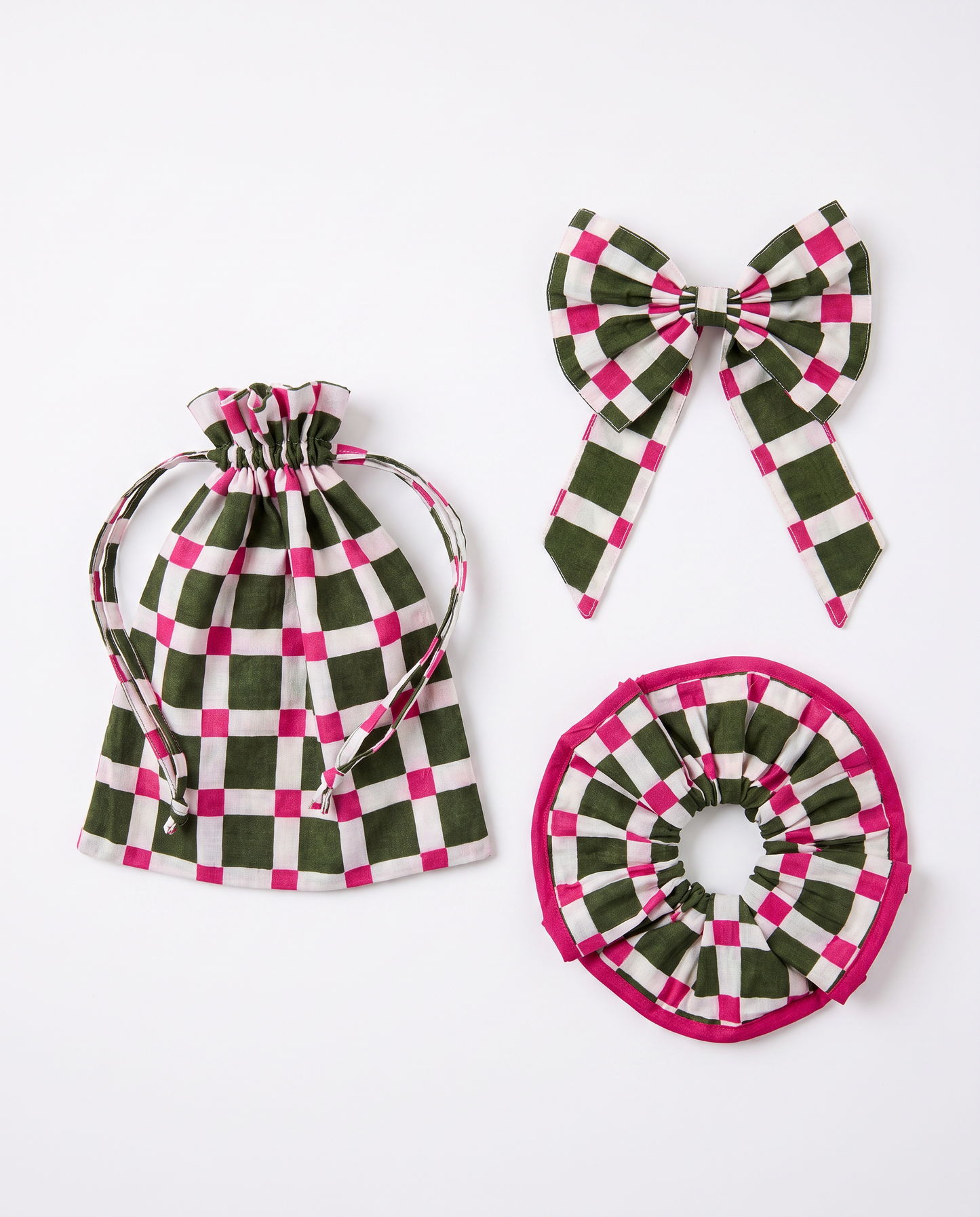 Garden checks bow and scrunchie set hand block printed on 100% cotton flat lay closeup
