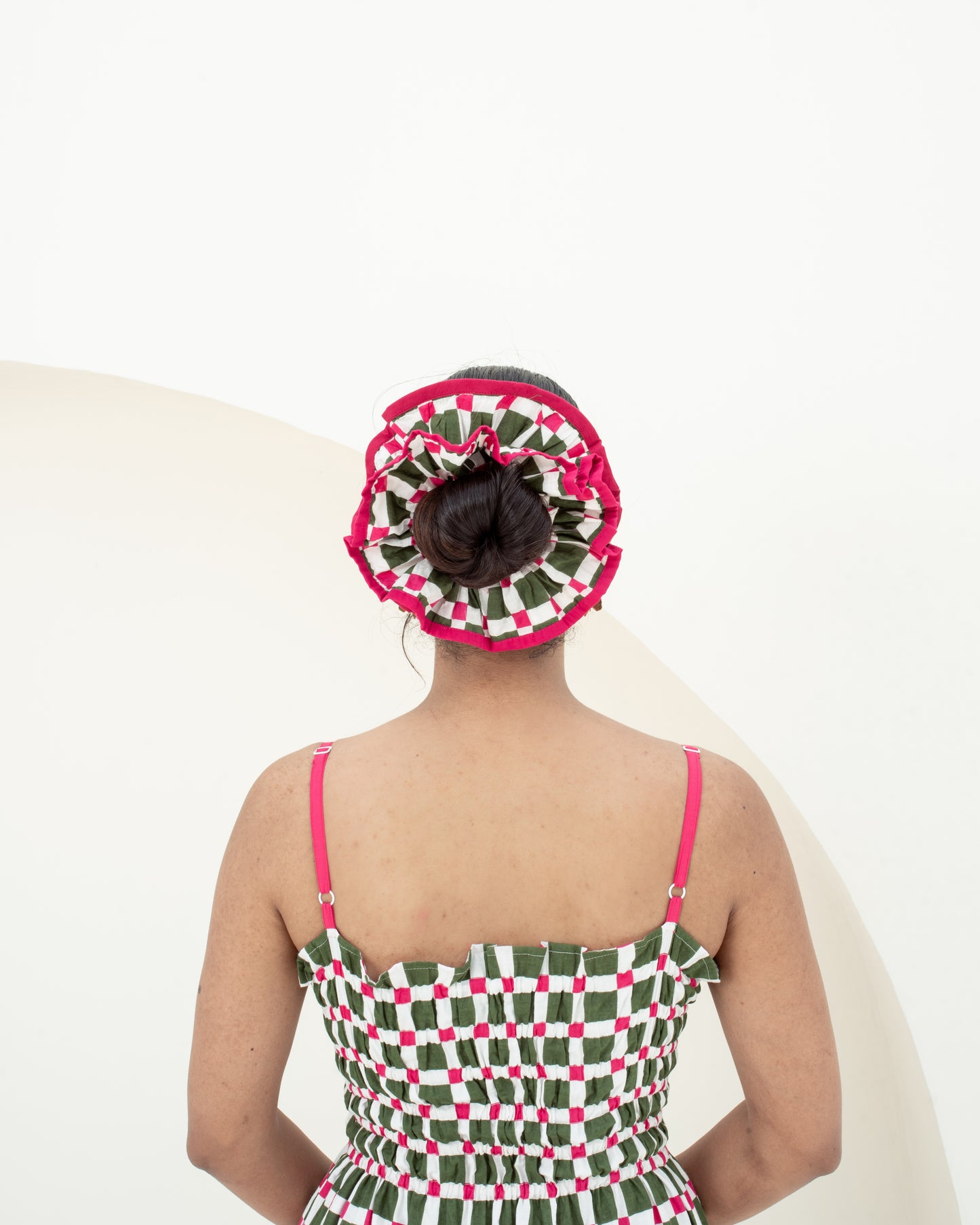 Garden checks scrunchie hand block printed on 100% cotton on model hair closeup