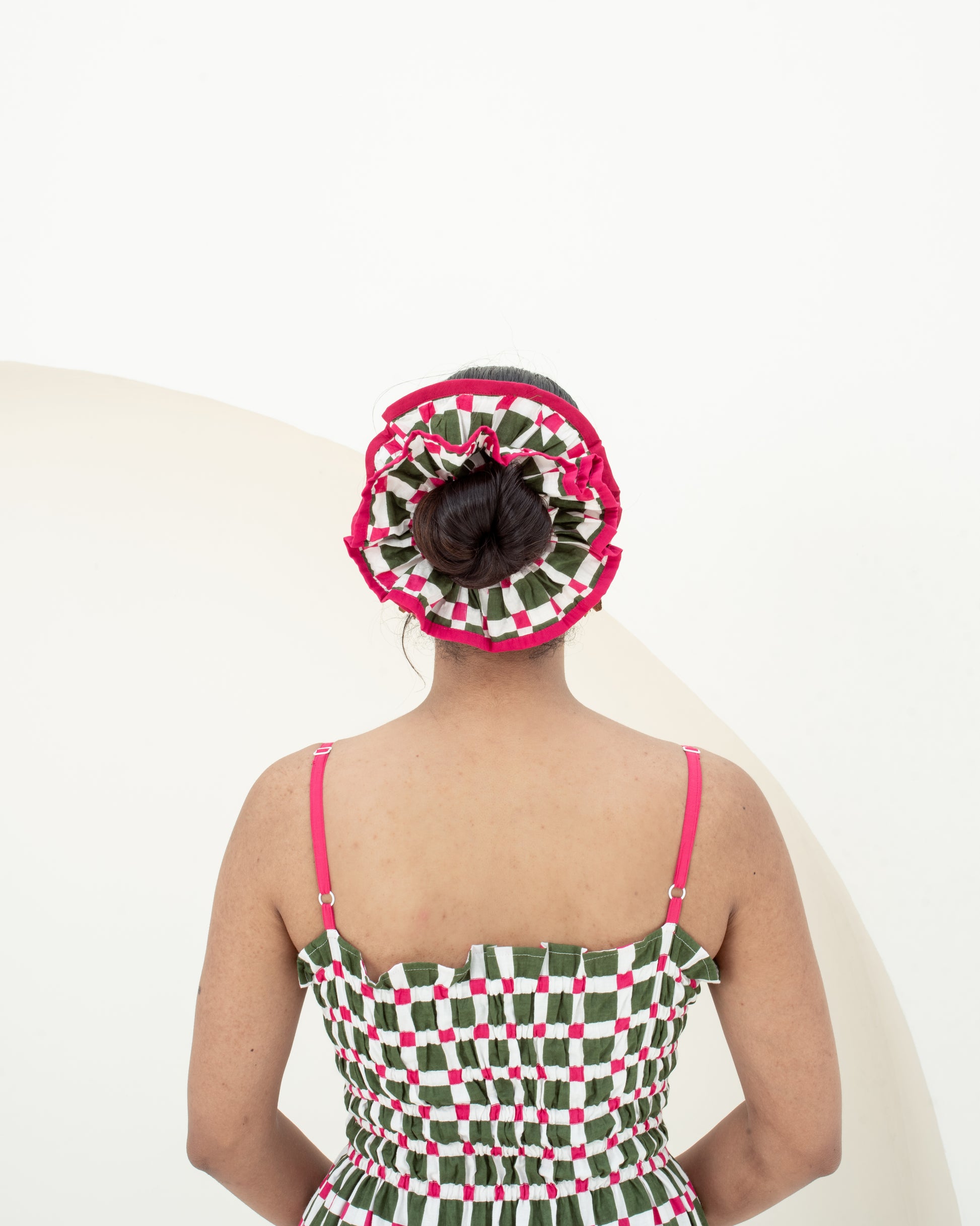 Garden checks scrunchie hand block printed on 100% cotton on model hair closeup