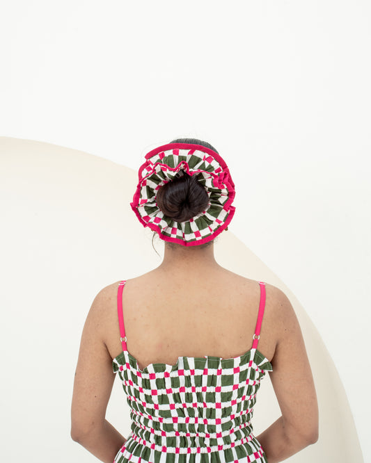 Garden checks scrunchie hand block printed on 100% cotton on model hair closeup