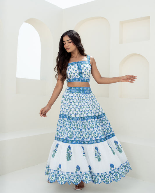 Model wearing the Blue Riviera hand block printed cotton maxi skirt front