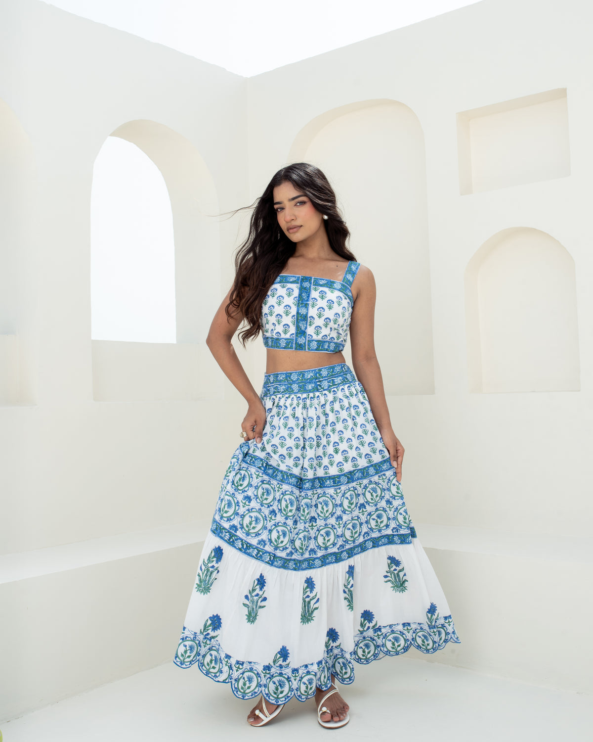 Model wearing the Blue Riviera hand block printed cotton maxi skirt front
