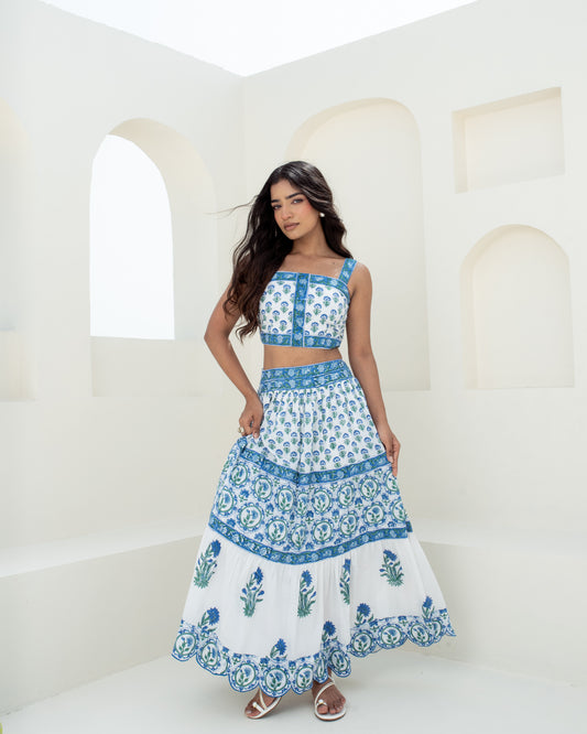 Model wearing the Blue Riviera hand block printed cotton maxi skirt front