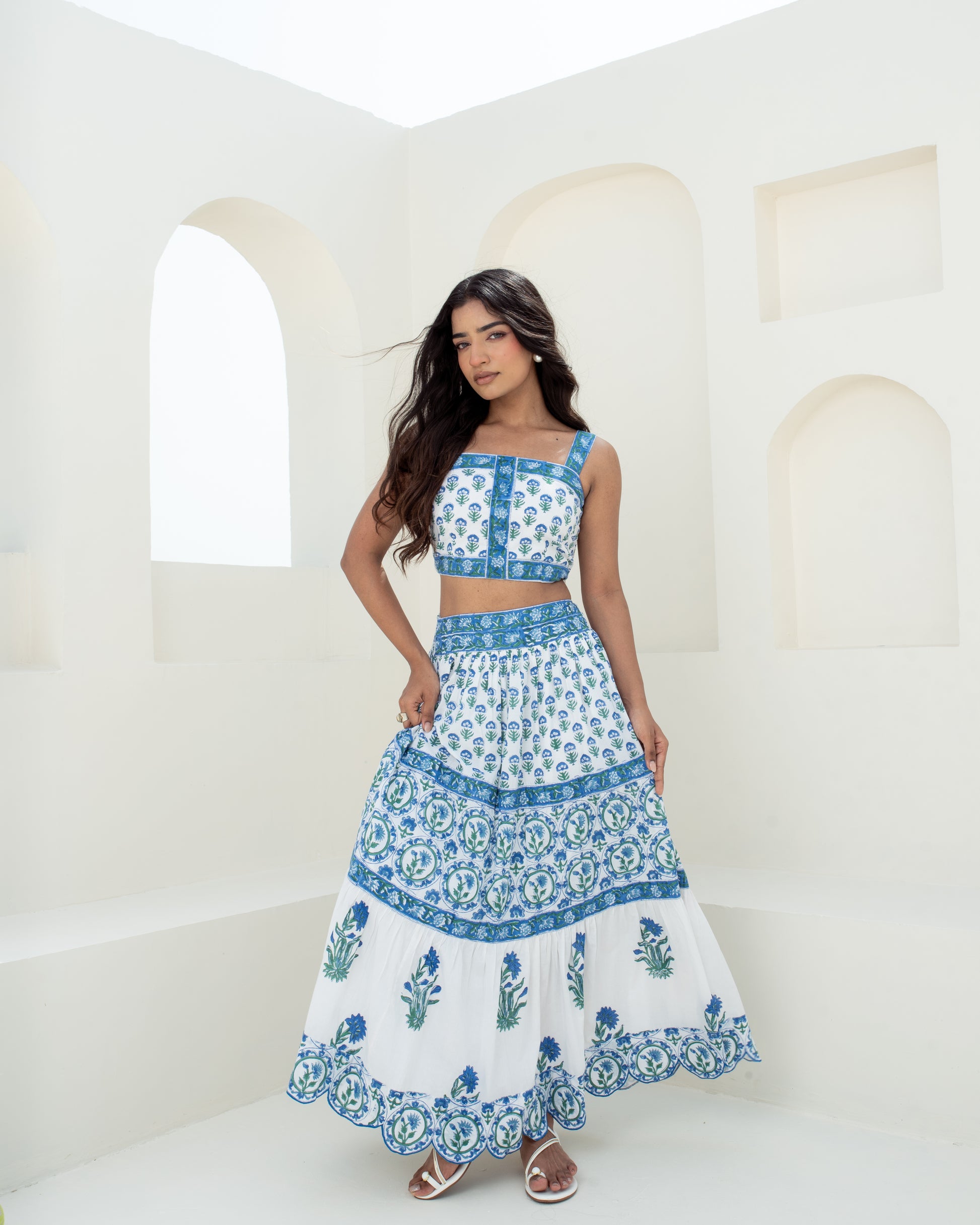 Model wearing the Blue Riviera hand block printed cotton midi skirt front