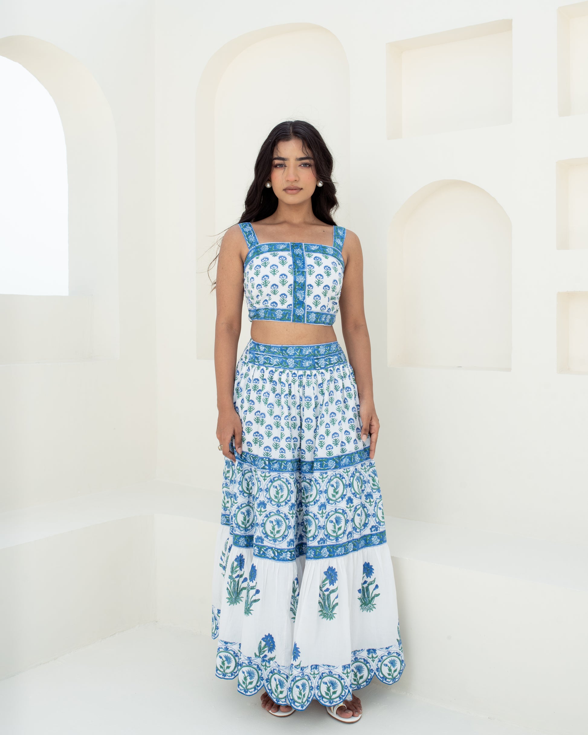 Model wearing the Blue Riviera hand block printed cotton top