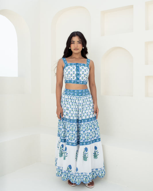 Model wearing the Blue Riviera hand block printed cotton top