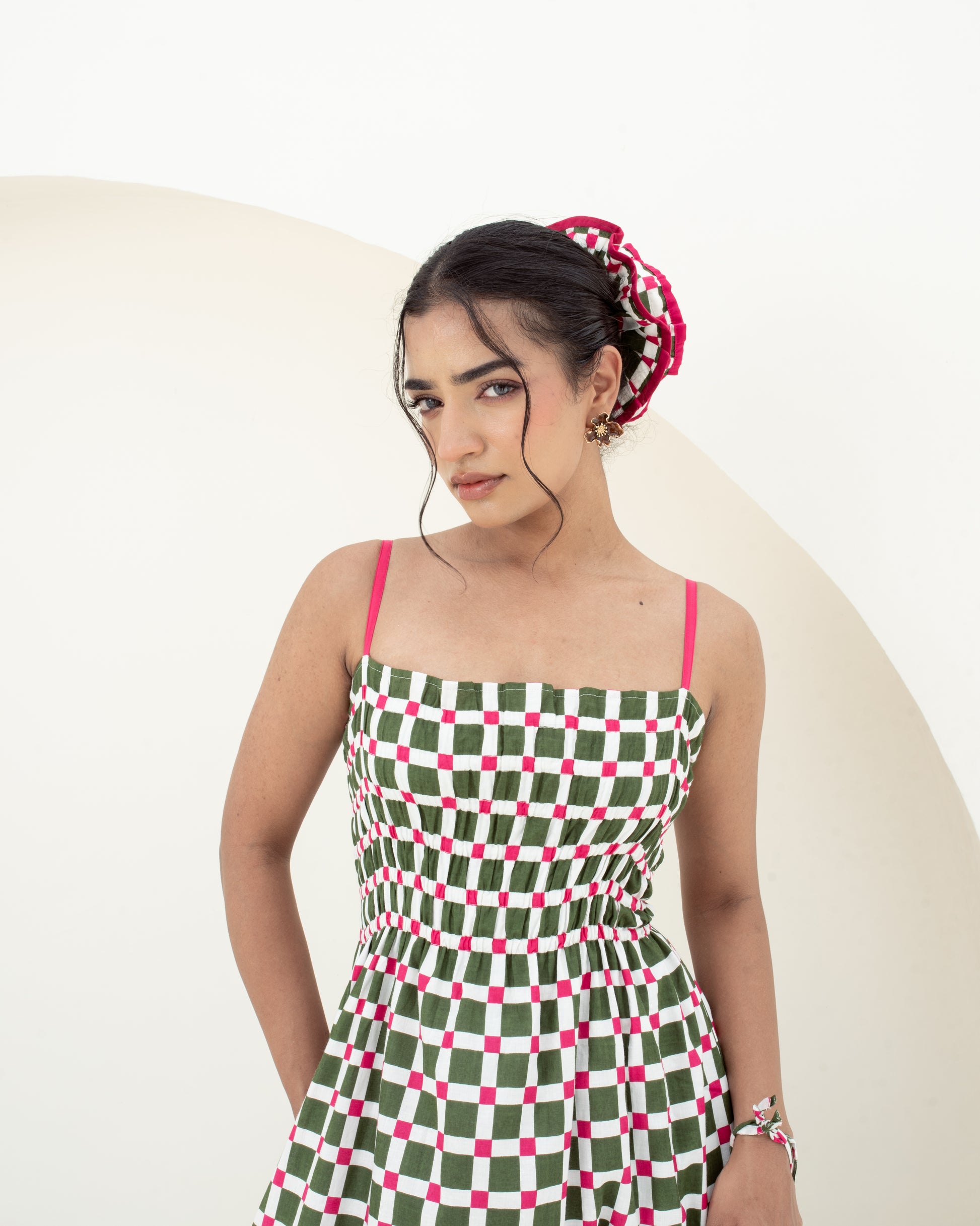 Close-up of the Garden Checks smocked bodice and square neckline
