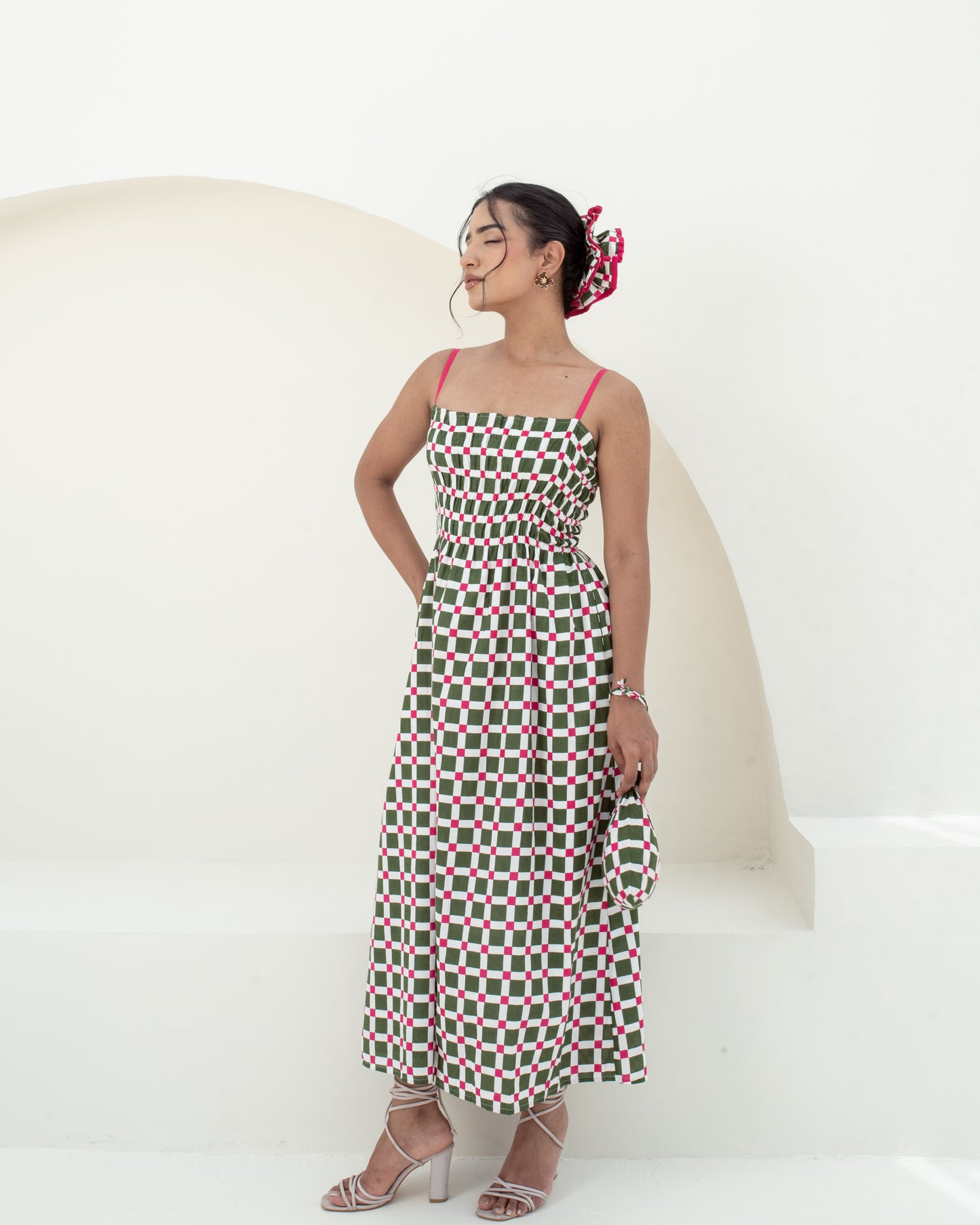 Full-length view of the Garden Checks cotton midi dress with adjustable pink straps